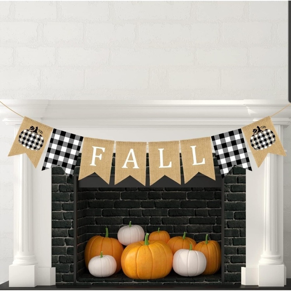 Fall Burlap Banner Buffalo Plaid Pumpkin Thanksgiving Garland 8.5ft Rustic Decor
